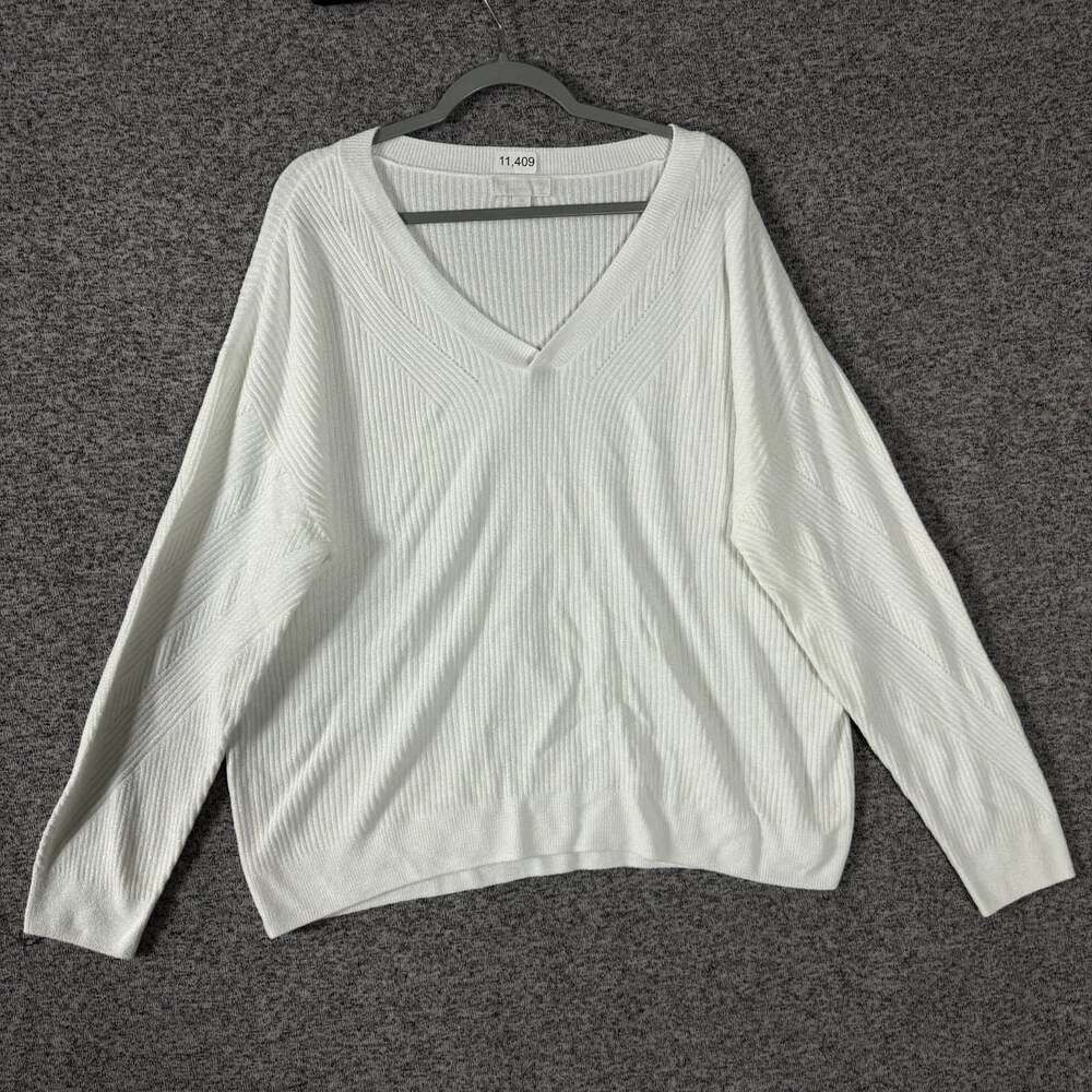 Barefoot Dreams Women's Size 1X White Nylon Long Sleeve V-Neck Sweater